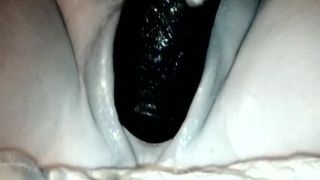 Cream filled pussy, fucked with huge black toy and cum